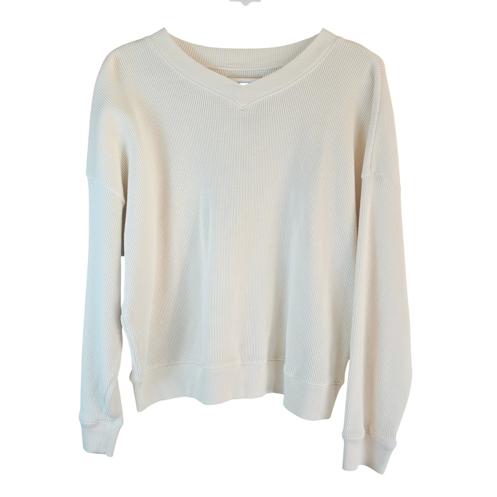 Madewell Womens Cream Waffle Knit V-Neck Long Sleeve Top Large Cropped Minimal